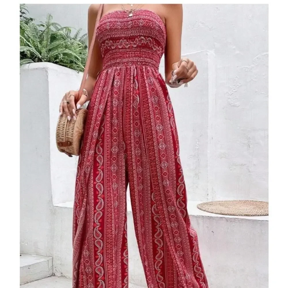 Boho Red Paisley print strapless wide leg large jumpsuit hippie resort vacation - Picture 3 of 9